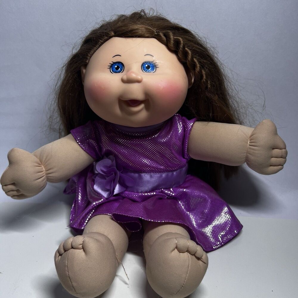 2015 Cabbage Patch Kids 14" Doll WCT Brunette Brown Hair Blue Eyes Purple Dress